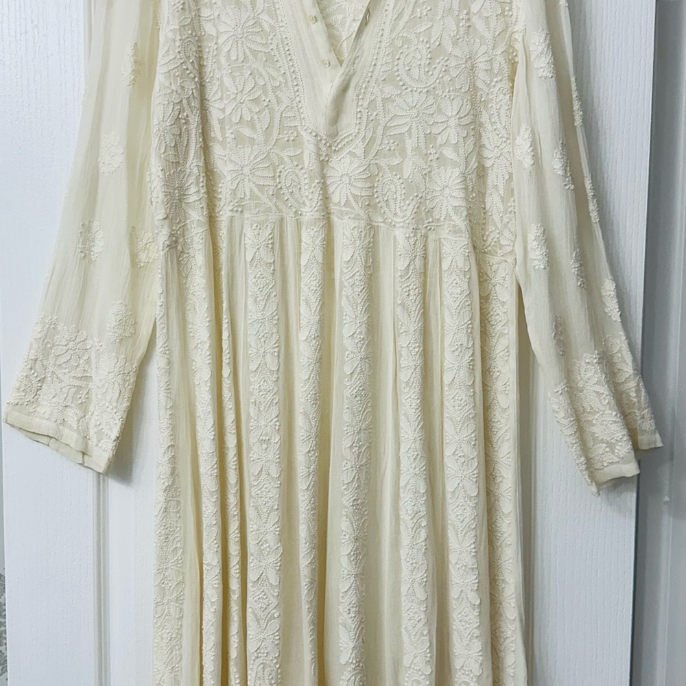 Cream Long Sleeve V-Neck Sundress